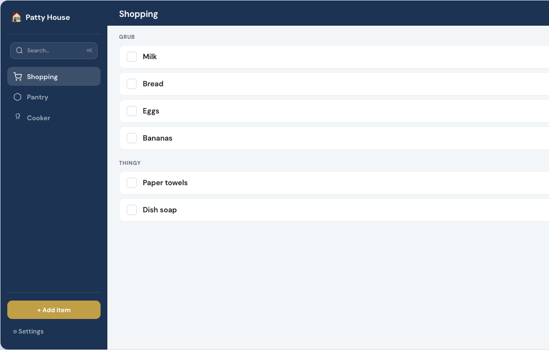 PattyShop shopping list on a wide screen with sidebar navigation